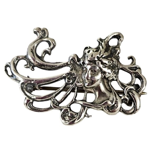 Sterling Silver Art Nouveau Mucha Style Lady Brooch Pin Pendant L161 - Picture 8 of 8
